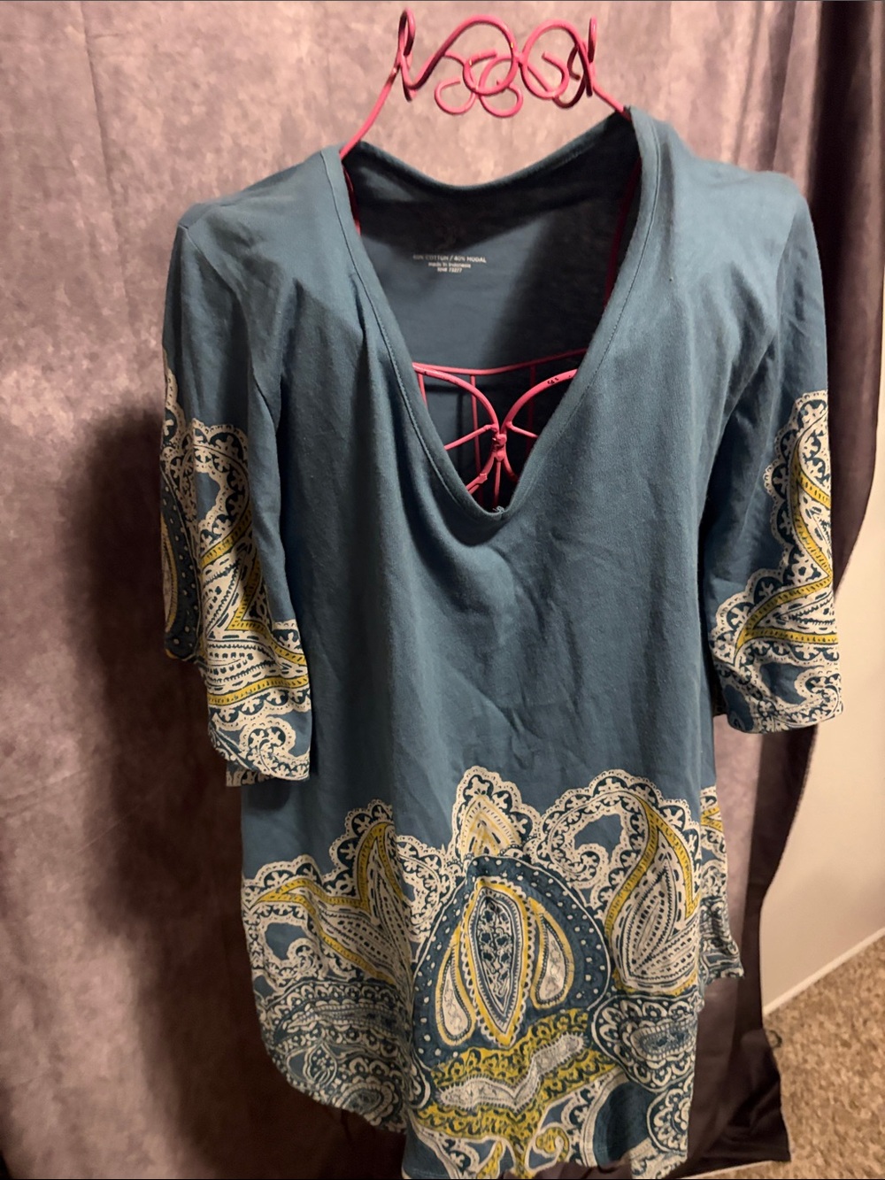 Sonoma Teal Paisley V-Neck Tunic with Yellow and Cream Accents